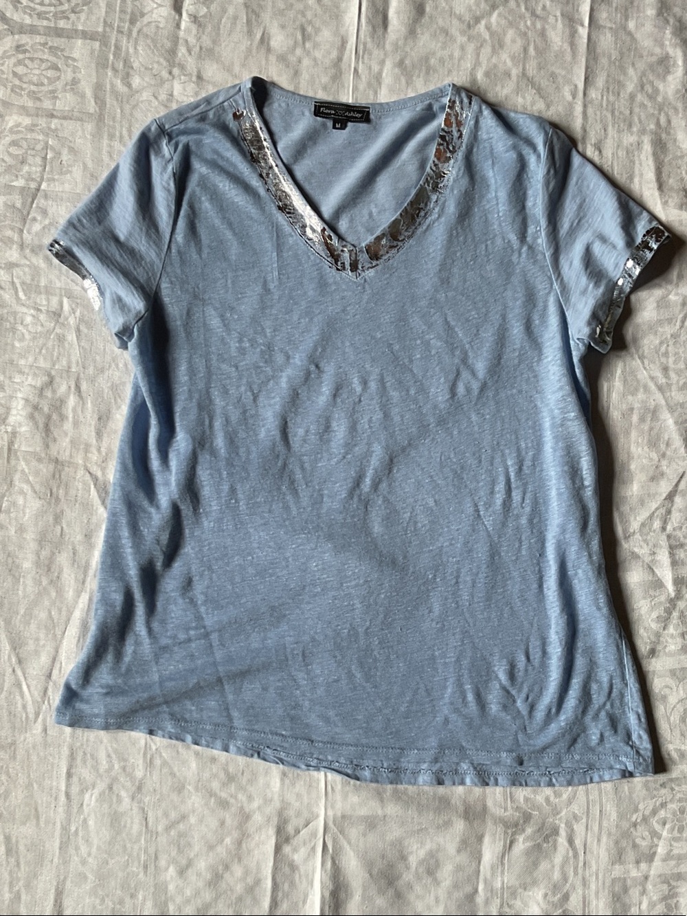 Light Blue V-Neck Short Sleeve Tee with Silver Sequin Trim